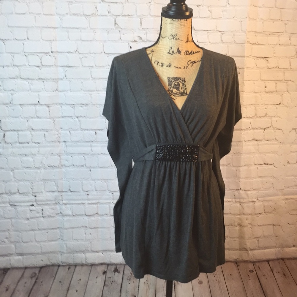 Motherhood Maternity Top Gray Beaded Belt Detail Short Sleeve Bat Wings Medium